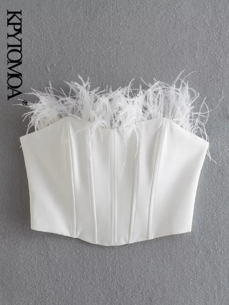 

KPYTOMOA Women Sexy Fashion With Feathers Fitted Crop Bustier Vintage Strapless Back Metal Hook Female Camis Mujer