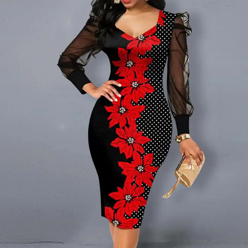 

Evening Dress O-neck Gown Dress Flower Patchwork Color Slim Autumn Dress