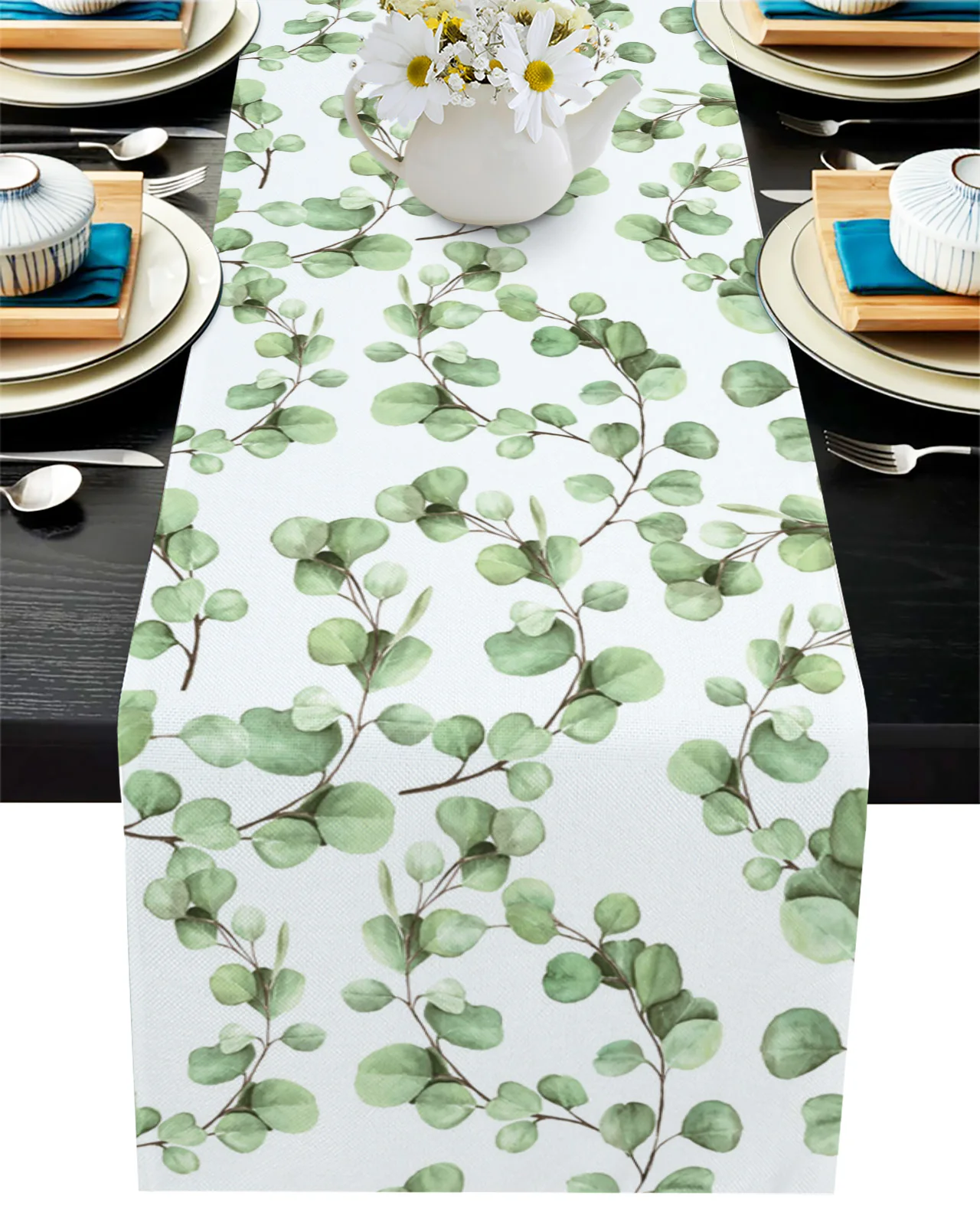 

Eucalyptus Leaf Plant Table Runners For Wedding Party Decoration Modern Linen Cotton Table Runner Home Decor