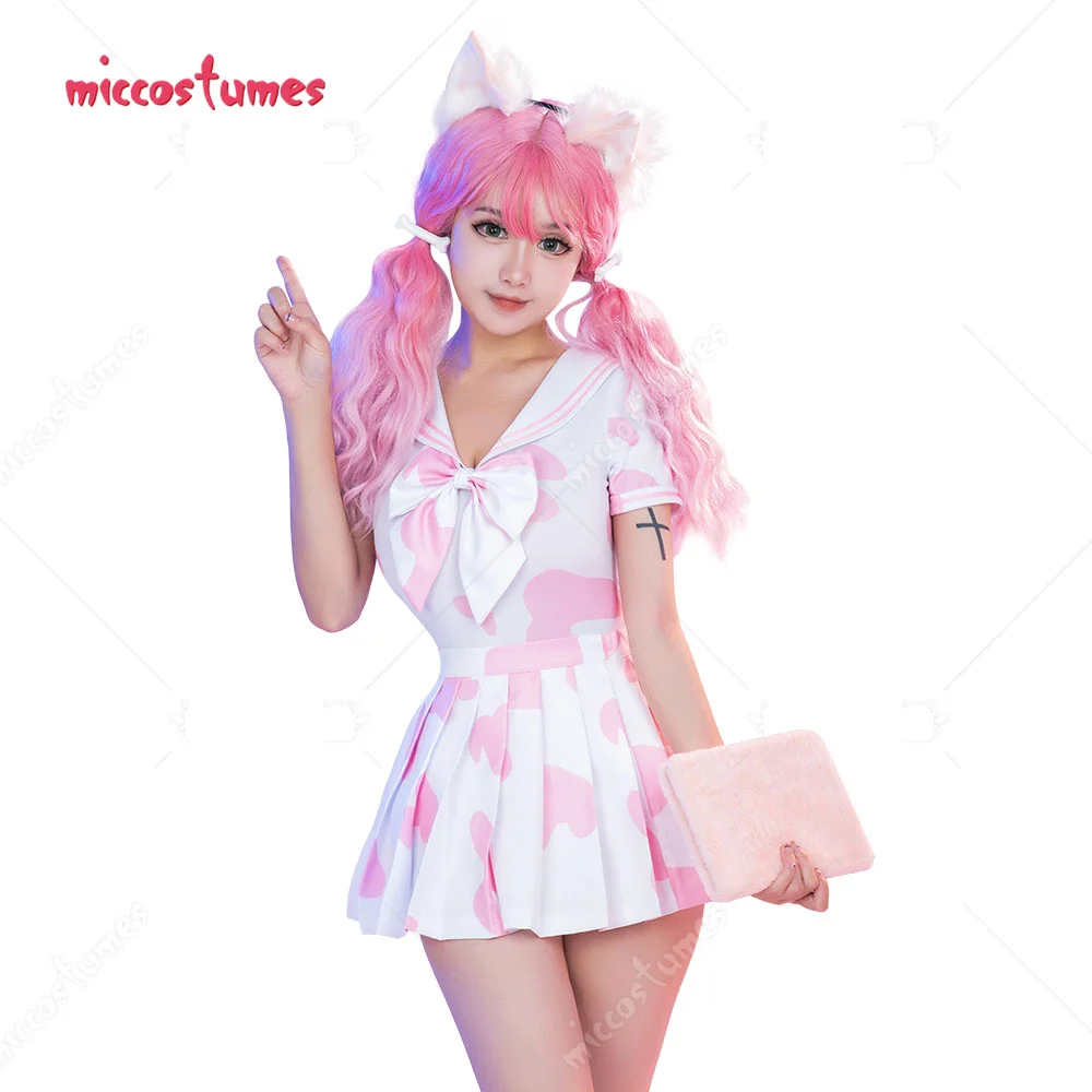 Women Japanese Uniform Style Kawaii Cow Printed Bodysuit and Skirt with Bowknot Lingerie Sleepwear Sexy Costumes