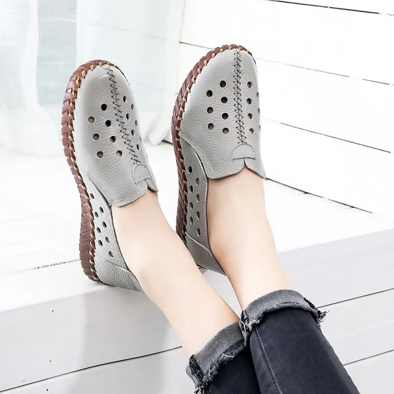Retro Blue Mother Moccasins Soft Sole Geunine Leather Shoes Handmade Sewing Sneakers Women Waterproof Loafers