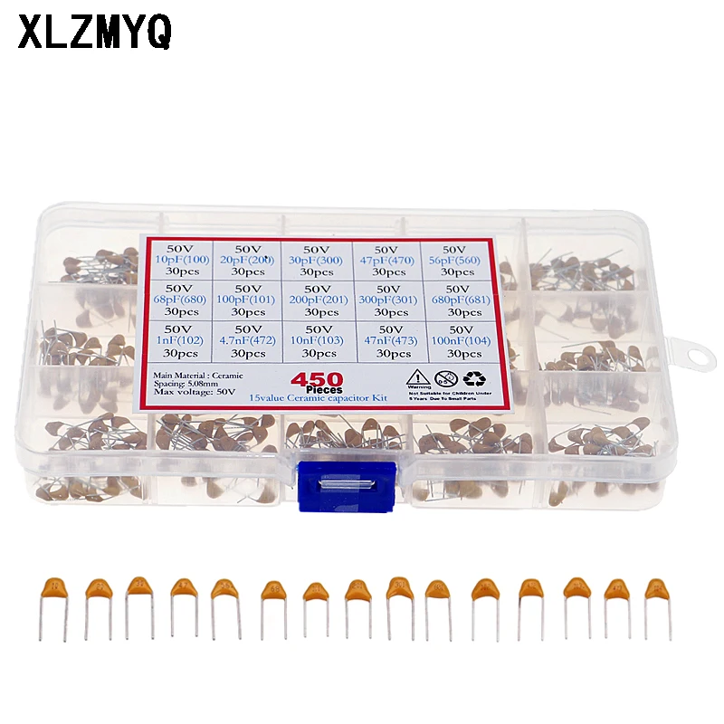 

450pcs Monolithic Ceramic Capacitor 10pF 47pF 68PF 100pF 200pF 300pF 680pF 1nF 4.7nF 10nF 47nF 100nF Multi-layer Capacitors Kit