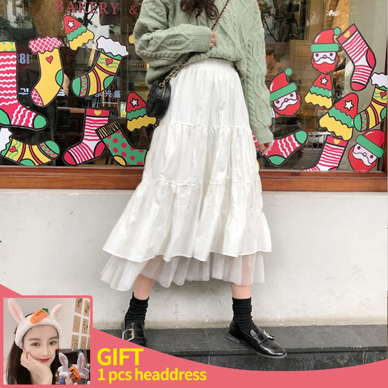 

Long Tulle Midi Skirts Womens 2022 Autumn Elastic High Waist Mesh Tutu Pleated Skirts Female Black White Long Skirt Streetwear