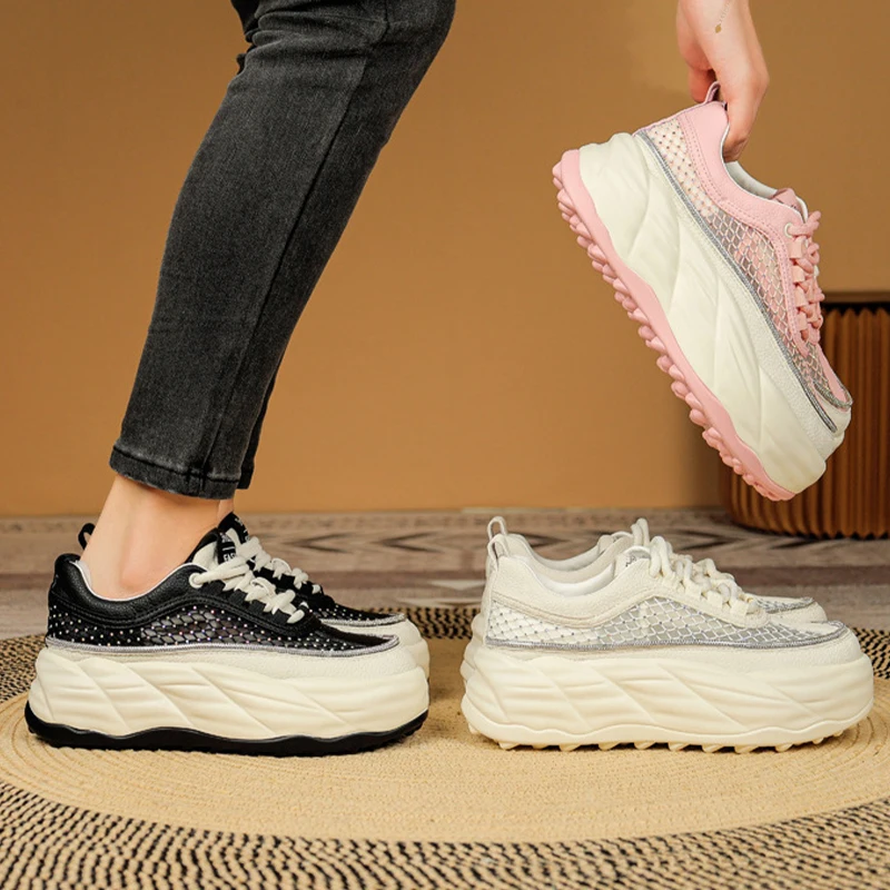 Rhinestone Decor 5cm Air MeshGenuine Leather Slides Hollow Ladies Summer Breathable Female Platform Sandals Wedge Shoes