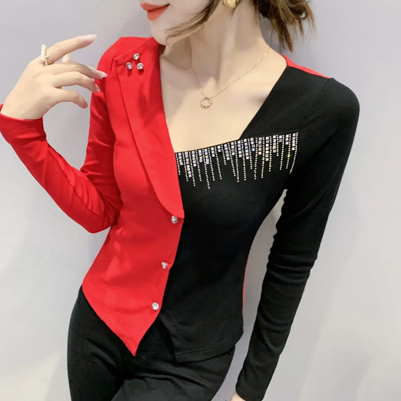 # 8267 Осенняя цветная футболка с длинным рукавом женская квадратным воротником