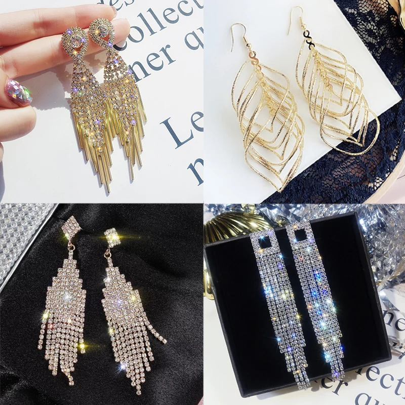 

ZLALHAJA 2022 Trend Long Hanging Earrings For Women Tassel Shine Rhinestones Drop Earring Lady Fashion Jewelry Party Gift