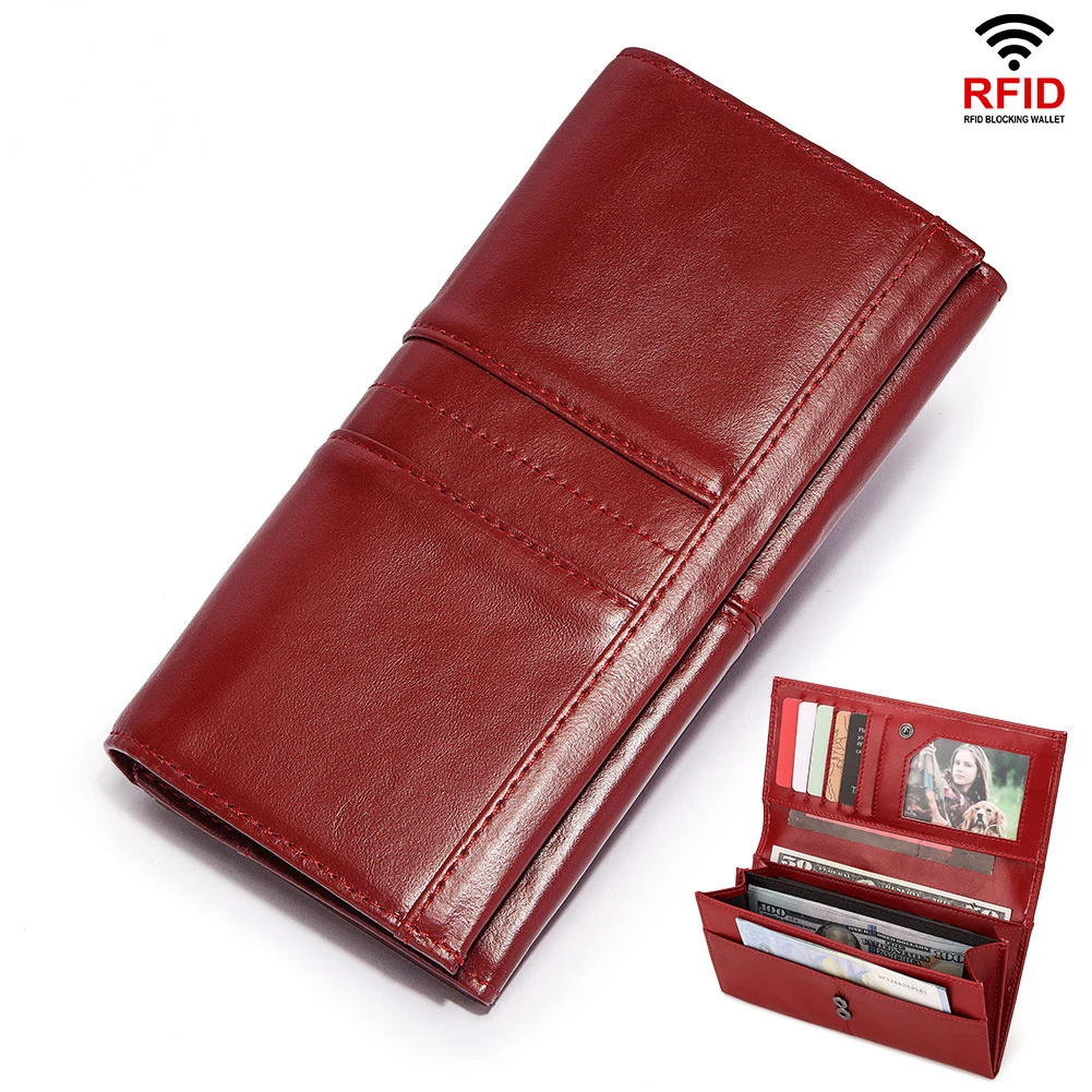RFID Anti-theft Brush Leather Lady Purse Leather Top Layer Long Women's Bag Multi Card Position Card Bag Hand Bag Wallet Women