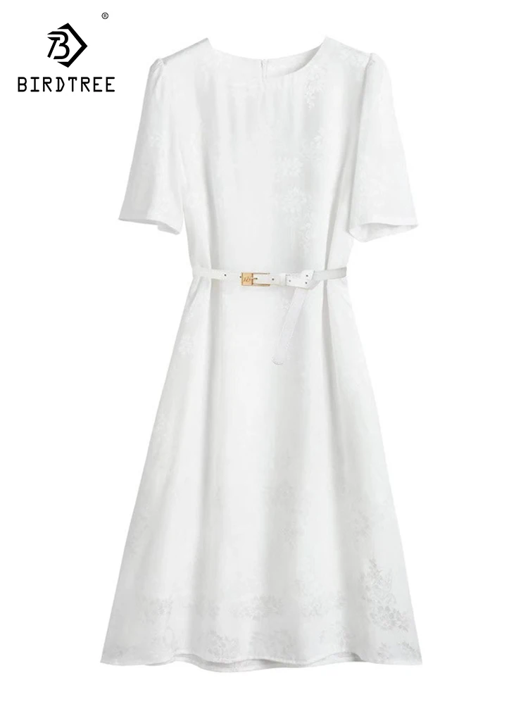 Birdtree 100%Mulberry Silk Women's Jacquard Dress 2023 French Temperament Senior Mid-length Dress White Satin Dresses D37472QC