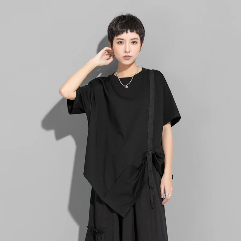 

SuperAen 2022 Summer Thin Solid All Match O Neck Casual Woman Tshirts Irregular Pullover Loose Short Sleeve Tops