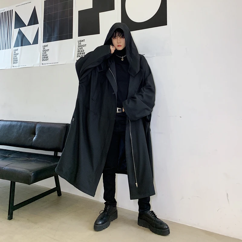 Gothic Overcoat Yamamoto Style Long Trench Coat Vintage Fashion Black Zipper Windbreakers Loose Hooded Y2k Streetwear Outwears