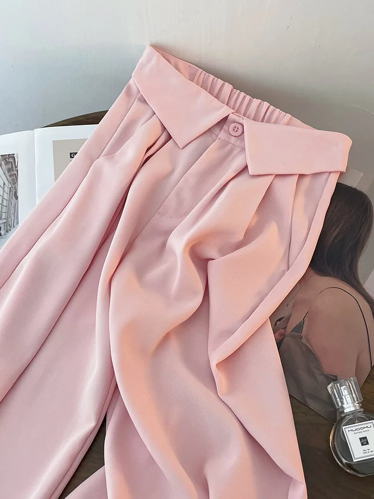 Женские повседневные драпированные брюки розовые широкие с высокой талией