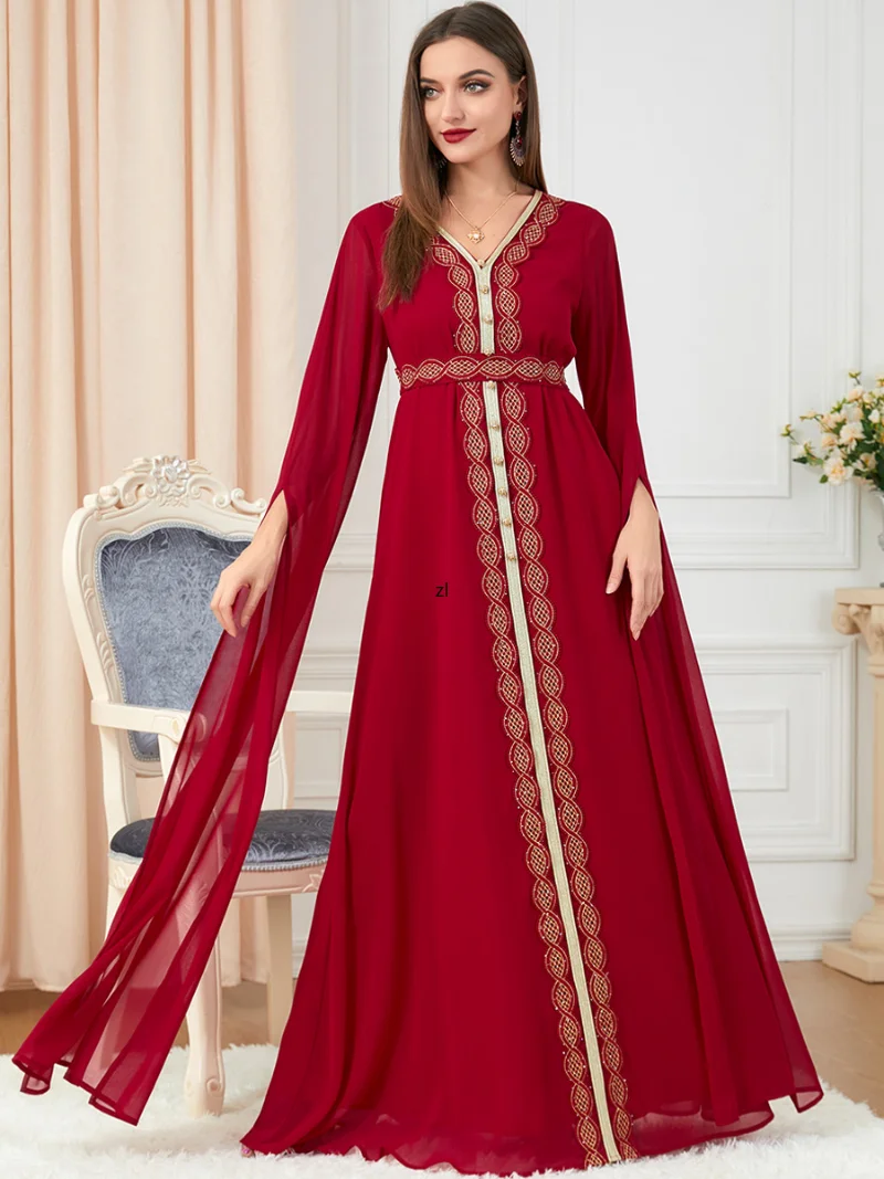 Eid Morocco Party Dress Women Abaya Embroidery Long Sleeve Belted Kaftan Abayas Muslim Dubai Gowns Morocco Evening Vestiods