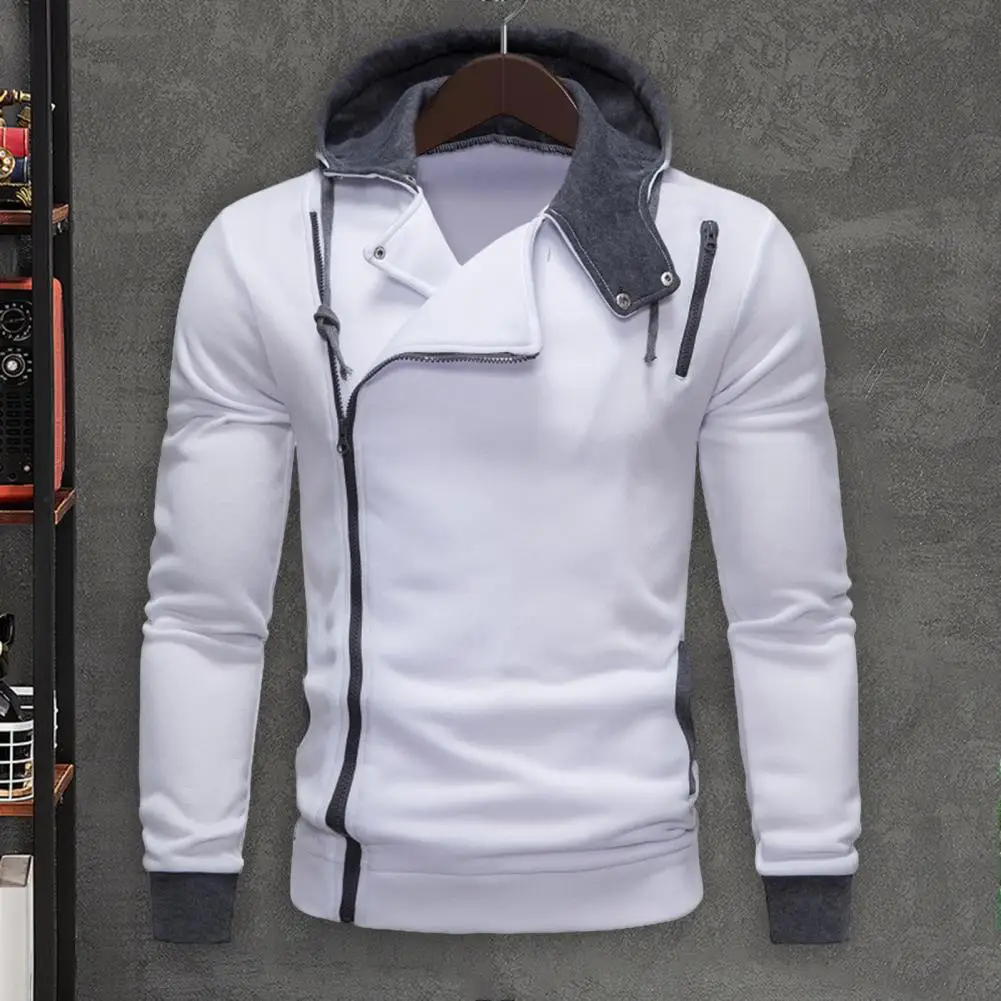 

Men Fall Hoodie Oblique Zipper Long Sleeve Hooded Sweatshirt Elastic Cuff Drawstring Asymmetric Sweatshirt Soft Men Top
