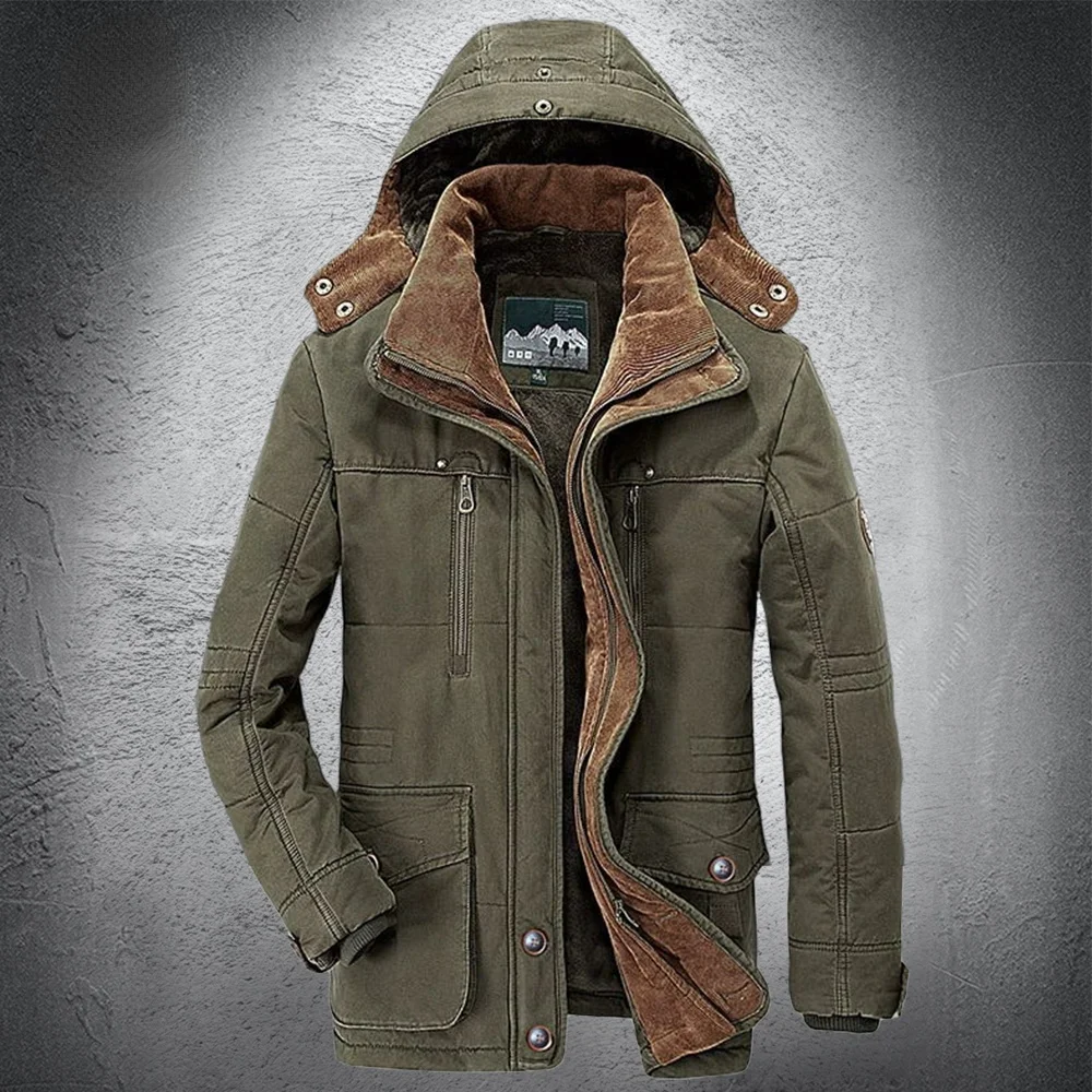 Men's Winter Jacket 2022 Multi Pocket Jackets Mid-length Plus Velvet Thick Warm  Solid Parkas Male Coat Large Size Clothing