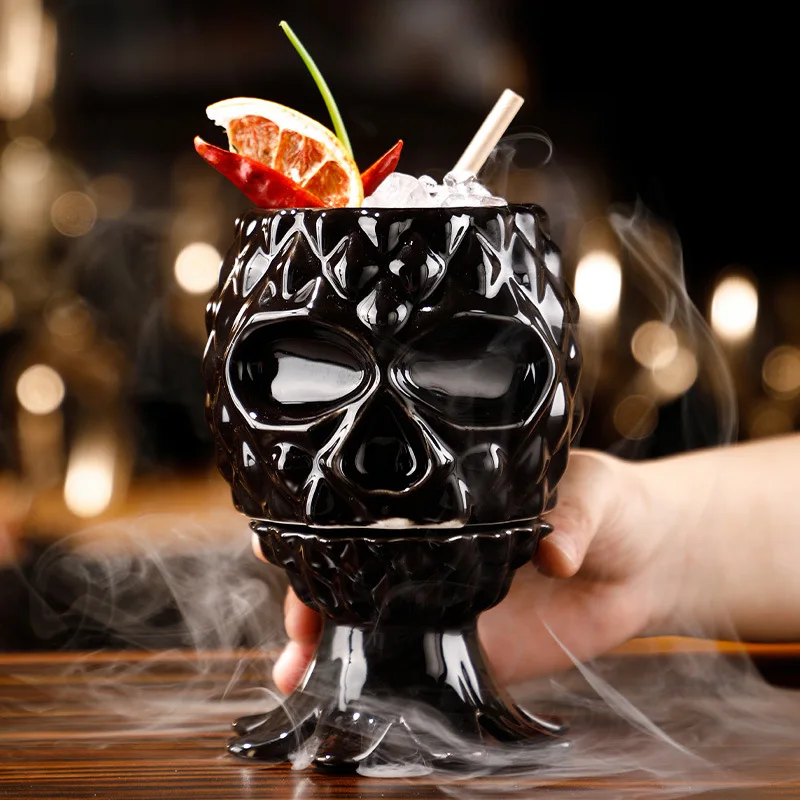 

Ceramic Tiki Mug Deep Black Skull Octopus With Lid Pineapple Molecular Cocktail Porcelain Beer Wine Mug Cup Bar Decor Tool