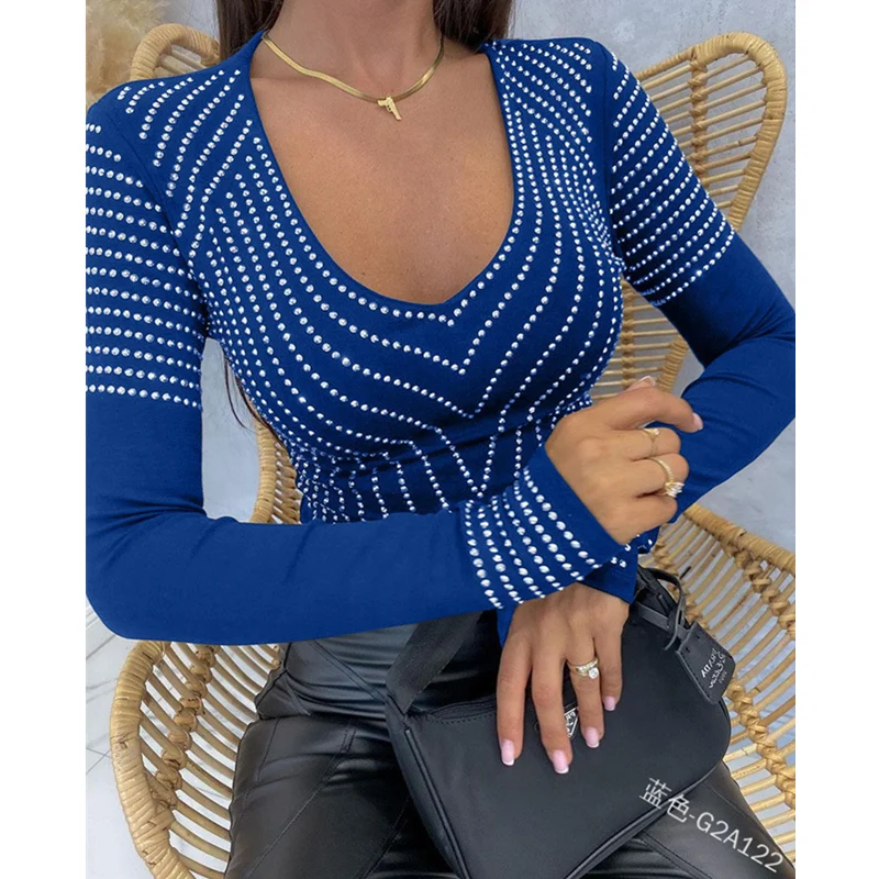 

V Neck Corset Skinny T-shirt Women Sexy Shirt Top with Diamond Fashion Elegant Female Y2K Solid Color Long Sleeve