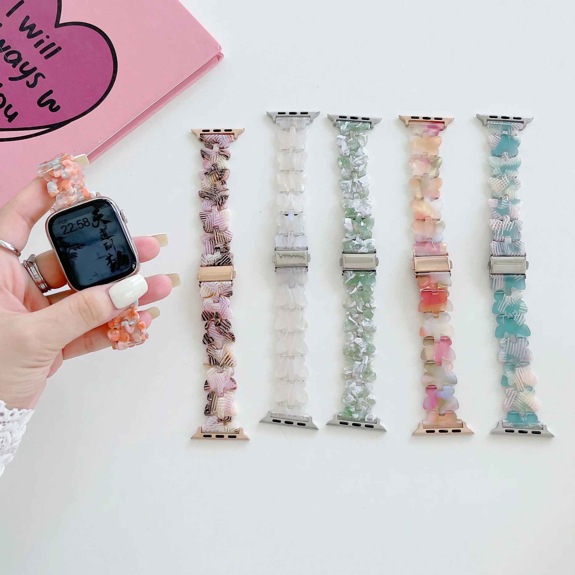 Butterfly Resin Watchband for apple watch band 40mm 44mm 41mm 45mm woman watch strap for iWatch Series 4 5 6 SE 7 8 Ultra 49mm