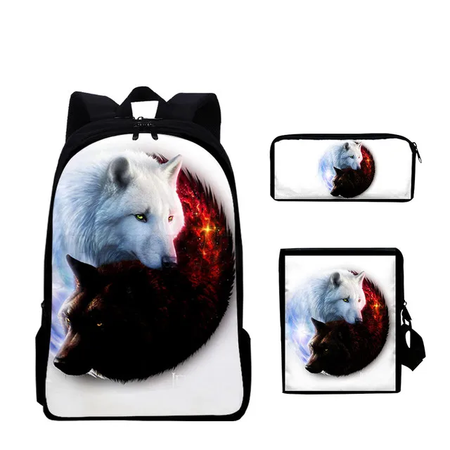 

Tai Chi Wolf 3pcs/Set Backpack Yin Yang Wolf 3D Print School Student Bookbag Laptop Daypack Shoulder Bag Pencil Case
