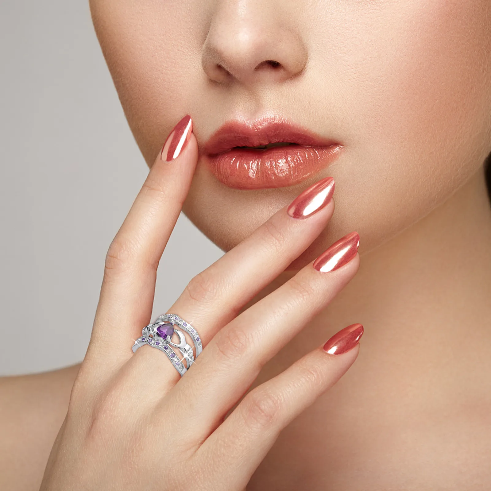 Amethyst Heart Wedding Ring Fashion 3Pcs Silver Claddagh Set Jewelry Rings Rose Snake Ring