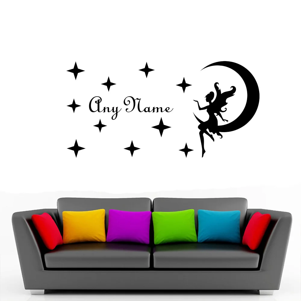 

Angel Sitting In The Moon Wall Stickers Baby Girls Bedroom Wall Decals Home Decor Customized Name Stickers Size 60x30cm