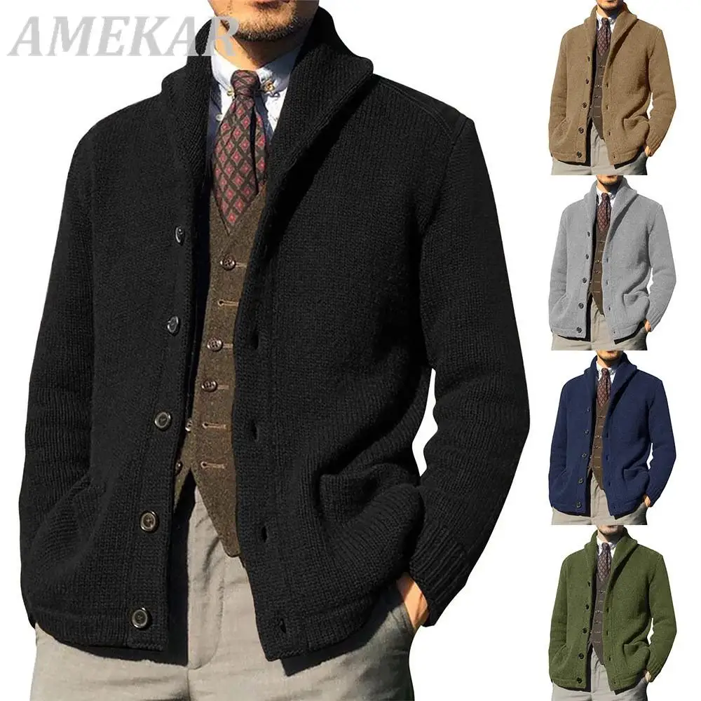 

Men's Sweater Cardigan Knitted Single Breasted Button Winter Stand Collar Cardigan Men Jackets Male British Style Sweater Coats