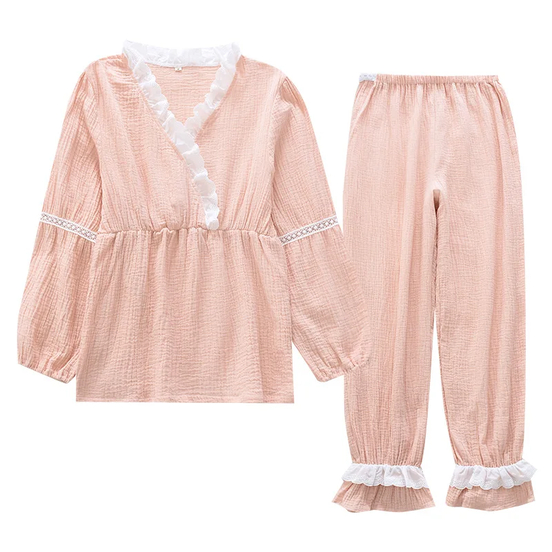 

2022 New Spring and Summer Woven Crepe Confinement Lace Clothes Maternity Washed Gauze Cotton Feeding Nursing Pajama Set Fashion