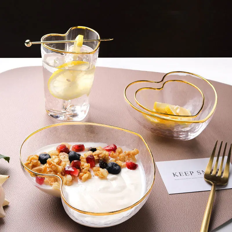 

Прозрачная стеклянная миска с золотым ободом для дома, стакан в стиле INS для воды или сока, чашка в форме сердца из минималистичной и свежего леса