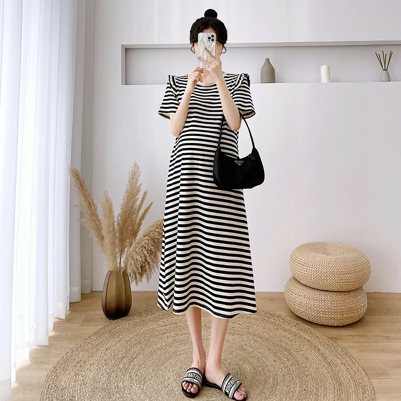 

878# 2023 Summer Korean Fashion Striped Cotton Maternity Long Dress Stylish Straight Clothes for Pregnant Women Cute Pregnancy