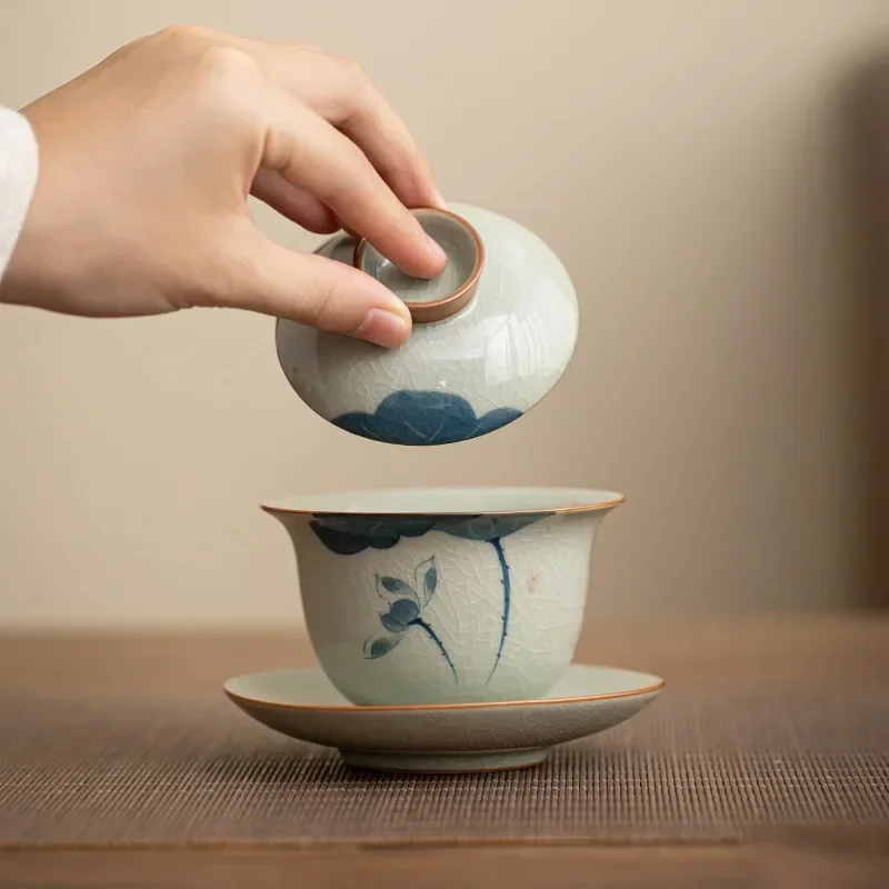 Фото Чайная чашка Gaiwan с ручной росписью в стиле ретро, печь Ge, одиночная чайная посуда, без ожогов, чаша для заваривания чая, высококачественная, бытовая, чайный набор Master №4