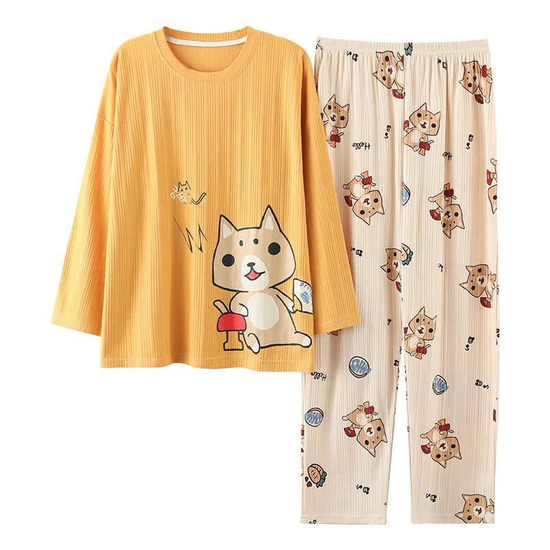 Plus Size Pajamas for Women Cotton Loungewear 4xl 5xl Cat Printing Two Piece Set Autumn Winter Home Clothes for Big Size Ladies