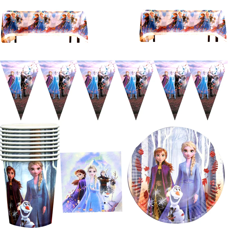 

82pcs/lot Elsa Anna Princess Frozen Theme Tablecloth Napkins Birthday Party Flags Plates Cups Decora Girls Favors Tableware Set