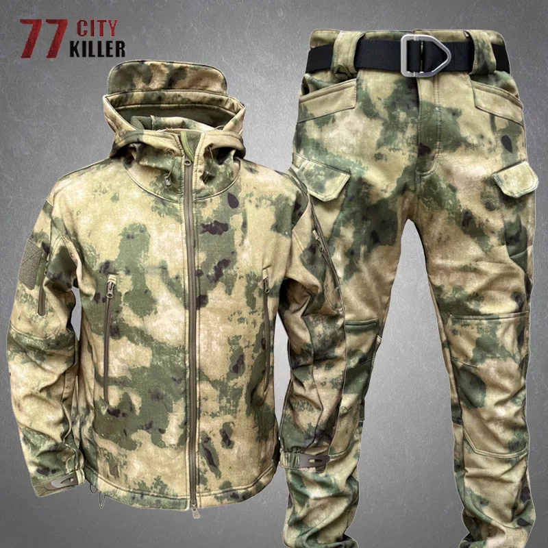 Tactical Soft Shell Camouflage Jacket Sets Mens Army Windbreaker Waterproof Hunting Clothes Camo Military Jacket And Pants Male