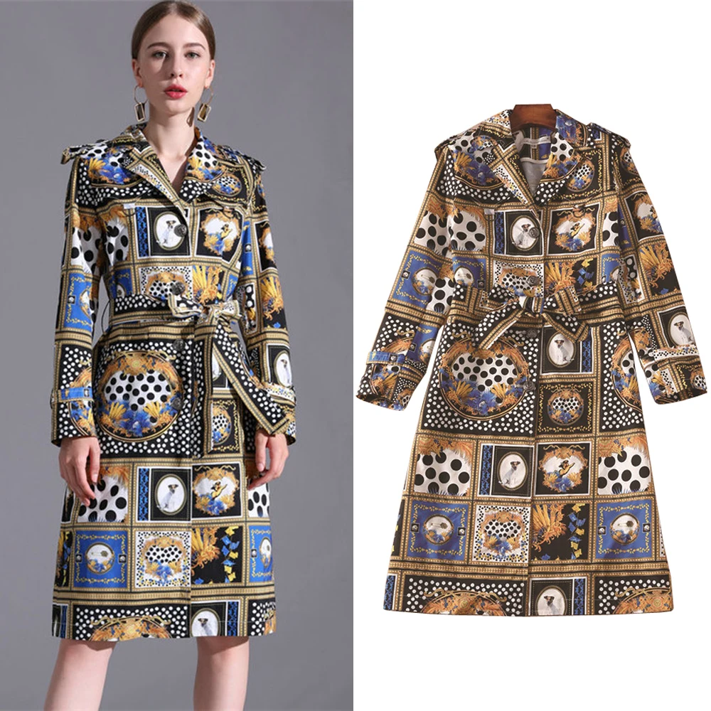 

2022 Autumn And Winter New Fashion Print Windbreaker Belt Slim Fit Shirt Collar Long-sleeved Suit Dress Women