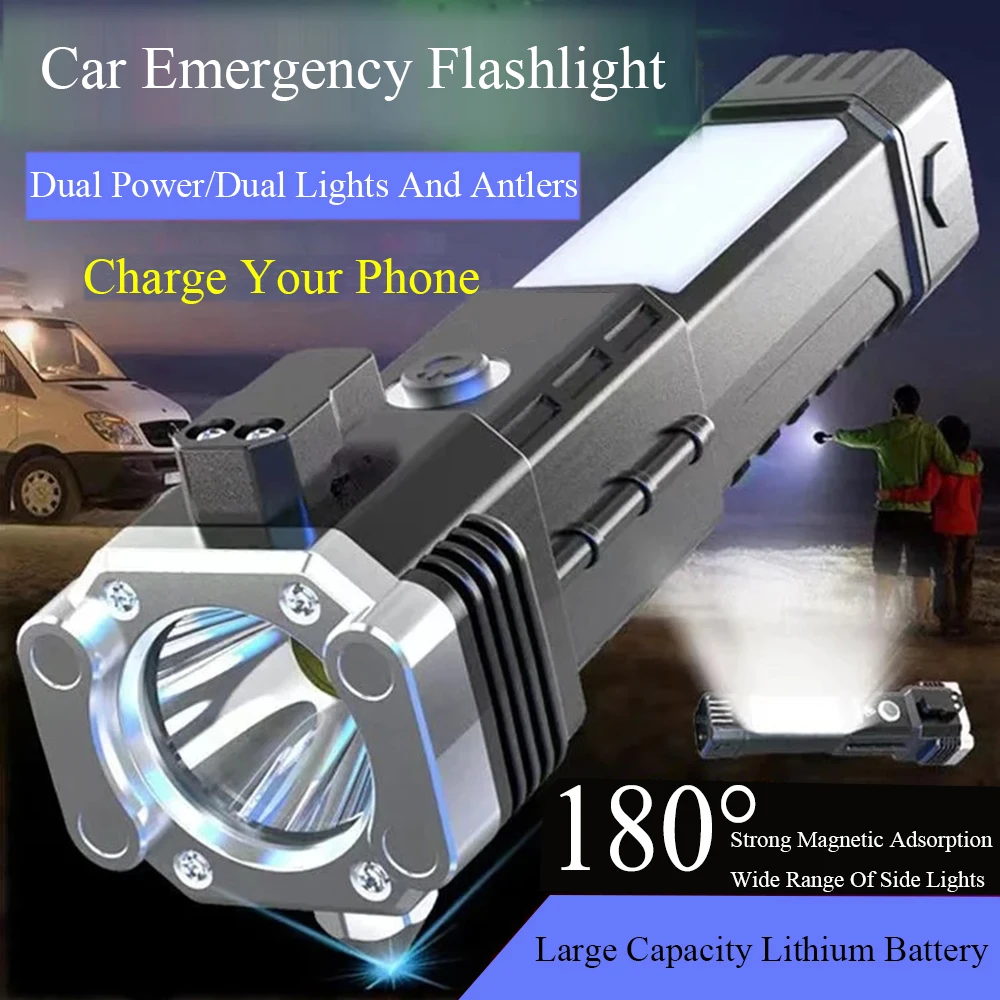 

Super Bright Rechargeable Led Flashlight Automobile Safety Hammer Car Multi-Function Torch Four-in-One Car Window Breaking