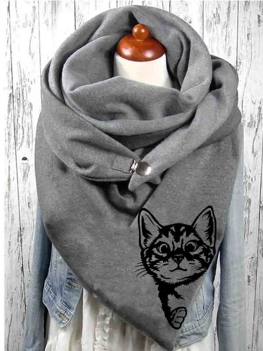

Женский уютный теплый шарф с милым принтом кота