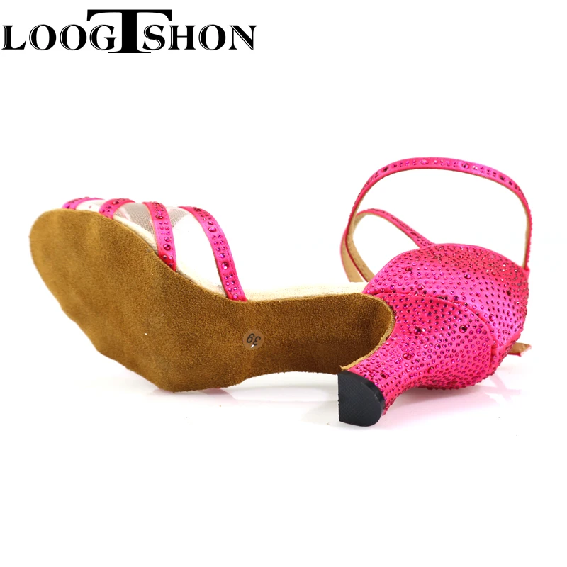 Loogtshon  Dance shoes 5 strips cross pattern red satin and red crystal rhinestones heel 7.5cm Suitable for all types of dance