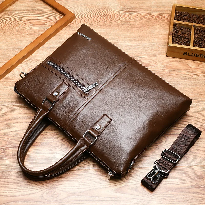 Luxury PU Leather Men Zipper Briefcase Vintage Handbag Business Shoulder Messenger Bag Large Capacity Male Laptop Bag