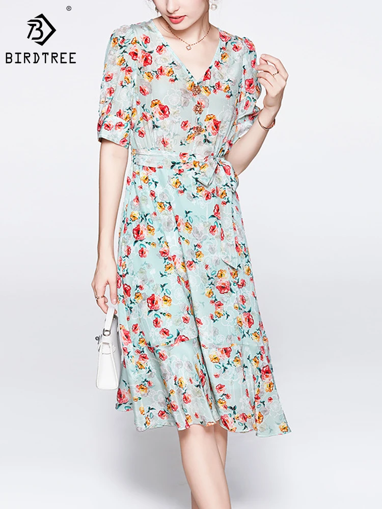 Birdtree 100% Mulberry Natural Crepe Silk Dress Summer Floral Print V Necks Empire Slim Short Sleeves Midi Dresses SummerD34824C
