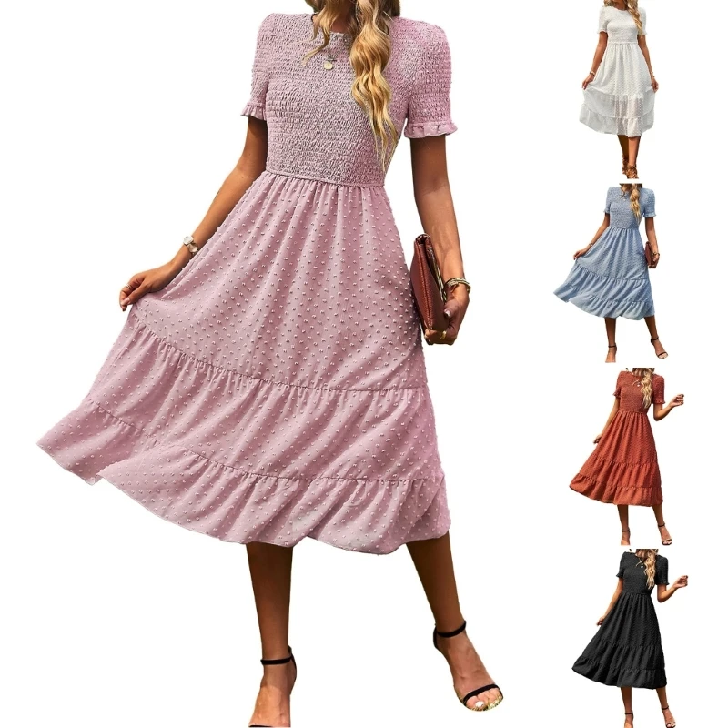

Womens Swiss-Dot Swing Flowy Ruffle Hem Dress Mini Casual Summer Dresses Smocked Dress Flutter Short Sleeve Casual Dress 10CD