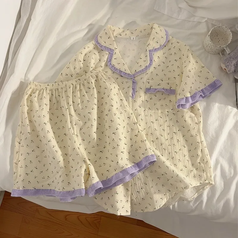 Korean Pajama Mujer Grid Print Cotton Yarn Sleepwear Set Short Sleeve Top+Shorts Ruffle Homewear Skin-Friendly Breathable