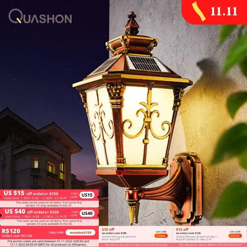 Дешево Европейский СВЕТОДИОДНЫЙ Уличный настенный светильник с солнечной панелью, водонепроницаемый точечный светильник для сада, уличная насте...