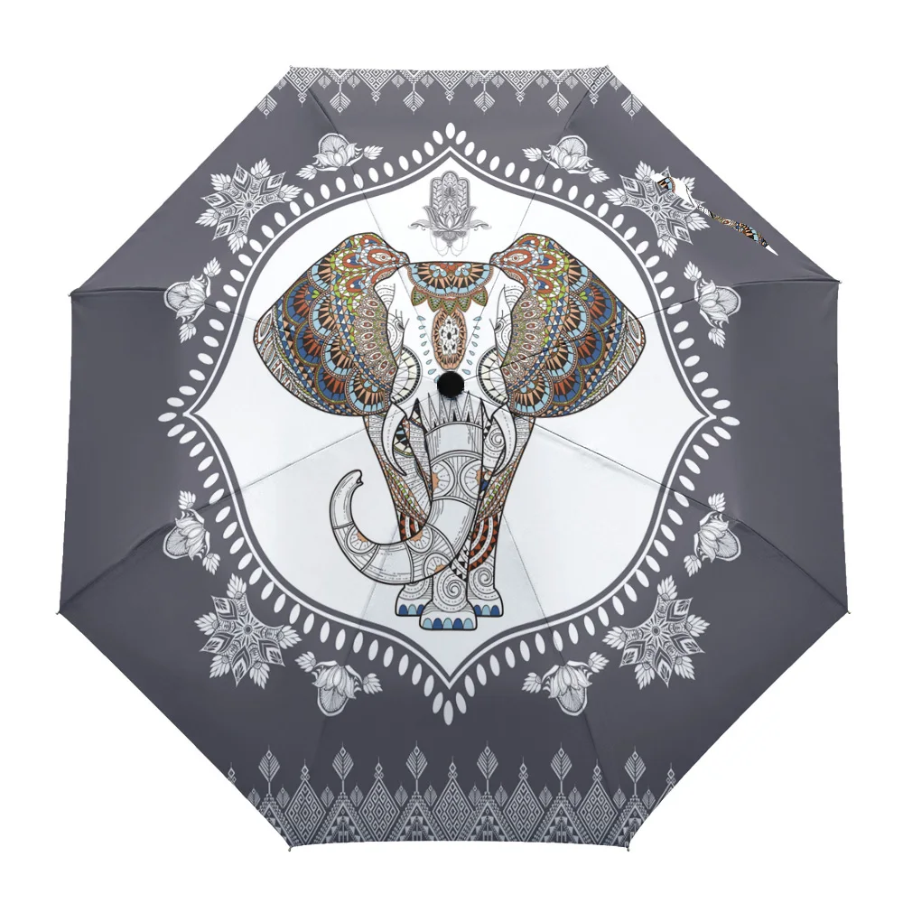

India Patterned Elephant Sunshade Parasol Umbrella Fully-automatic Eight Strands Foldable Rain Umbrella for Women Kids