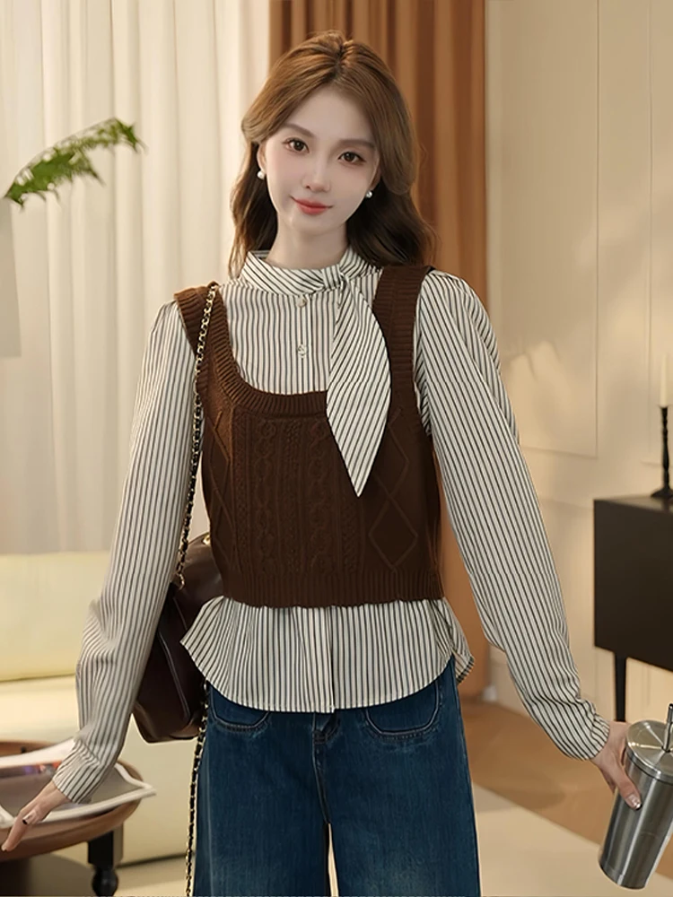 Рубашки в полоску стиле ретро уличный сложенный вязаный жилет комплект из двух