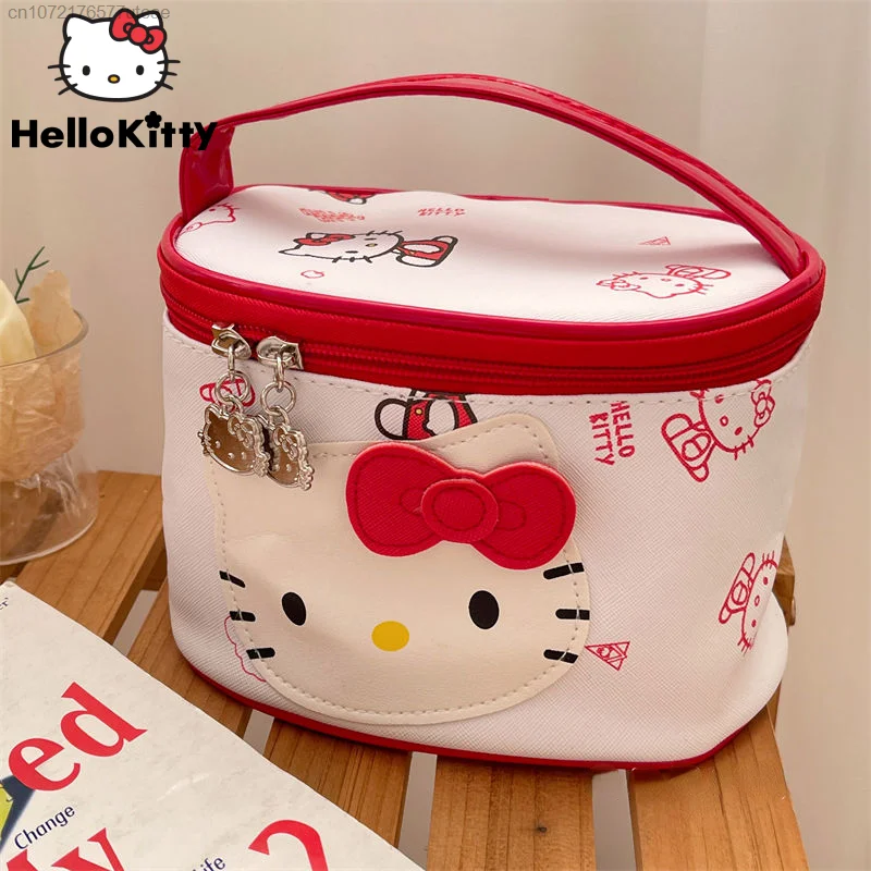 Sanrio Hello Kitty Makeup Bag Cute Cartoon Leather Waterproof Wash Bag Large Capacity Portable Handbag Woman 2000s Storage Bag