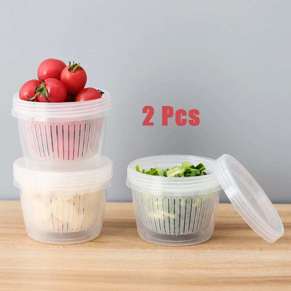 

2Pc Kitchen Storage Box Refrigerator Fresh Sealed Storage Can Round Plastic Drain Food Storage Box Vegetable Fruit Drain Crisper