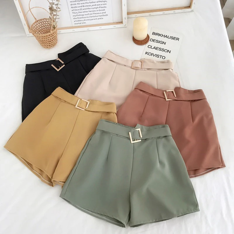 

Office Elastic Waist Shorts Women Mini High Waist Shorts With Belt Wide Leg Summer 2022 Harajuku Korean Short Feminino