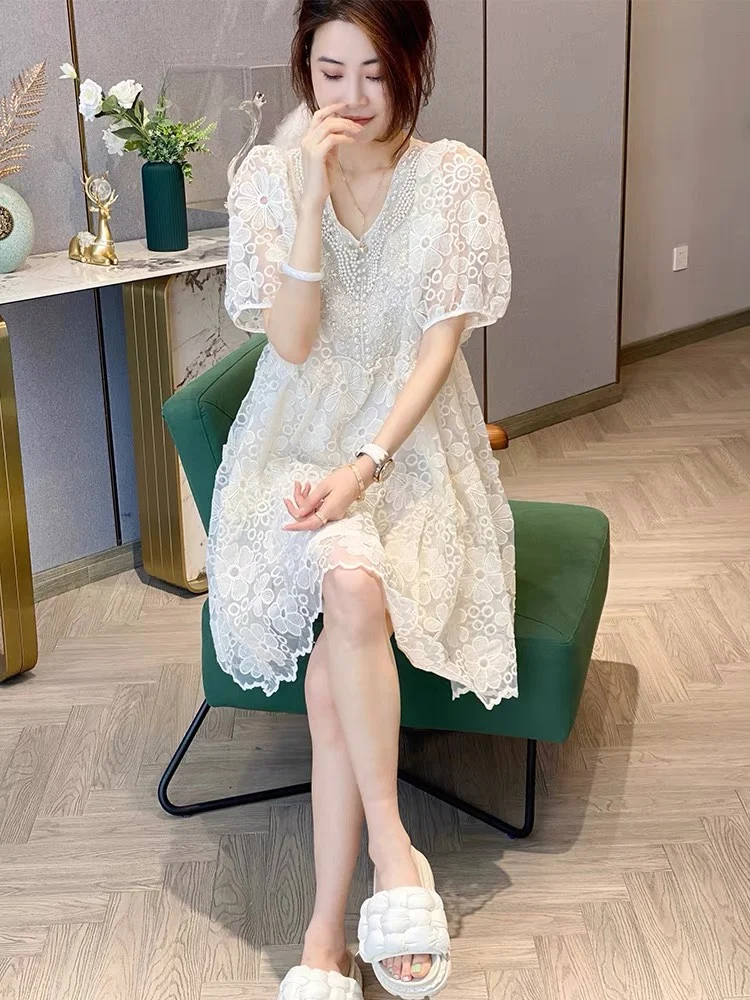 

Новая женская одежда для весны и лета 2023, кружевное Цветочное платье с бисером 0406