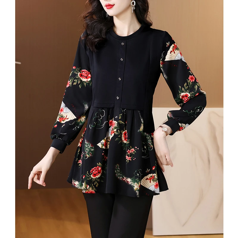 Женская винтажная блузка составного кроя с длинным рукавом и принтом