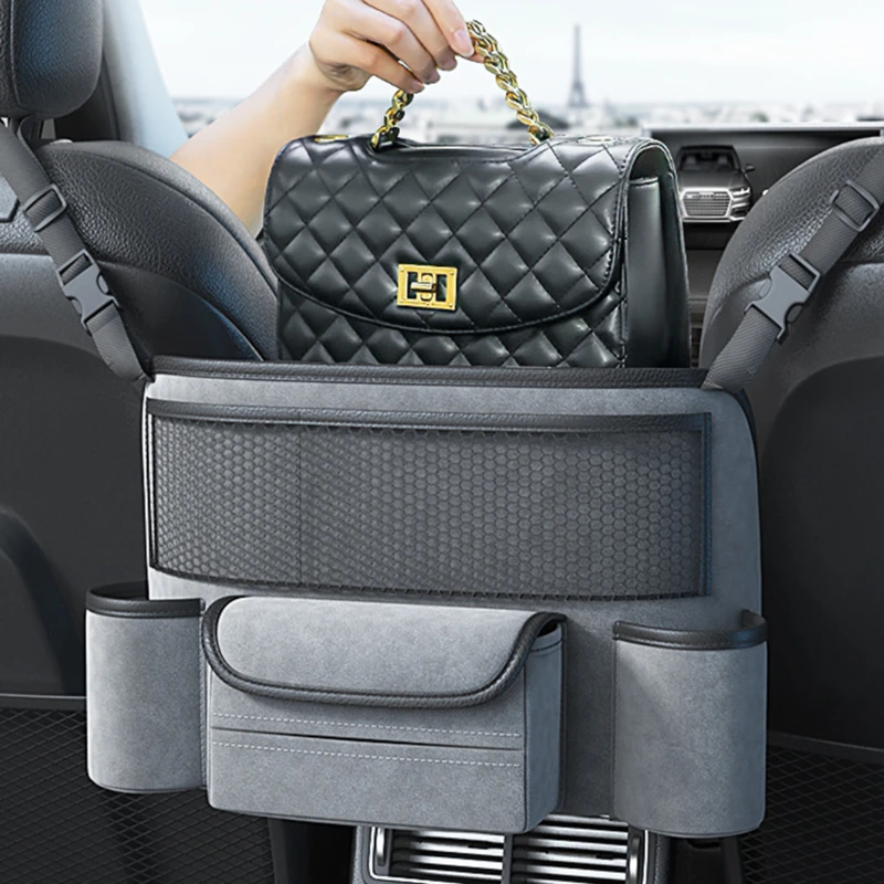 

PU Leather Car Seat Middle Hanger Storage Bag Luxury Auto Handbag Holder Between Seats Tissue Water Cup Pockets Stowing Tidying