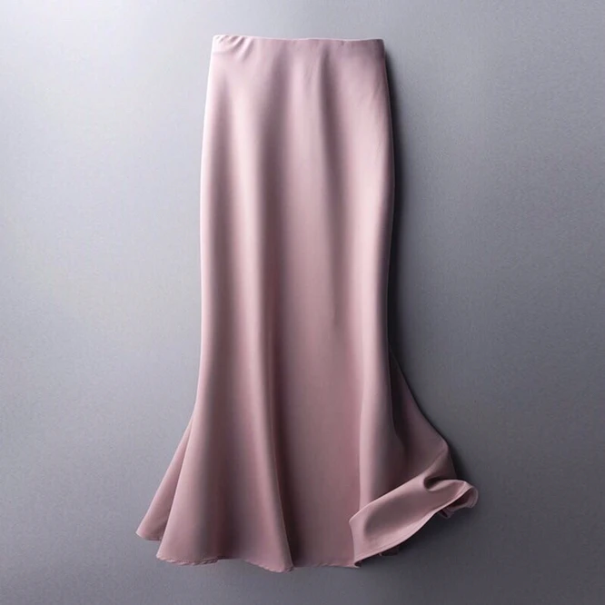 Spring Summer Autumn Women Solid Quality Satin Midi Skirt Vintage Side Zipper Office Ladies Elegant Chic A-line Skirts Pink